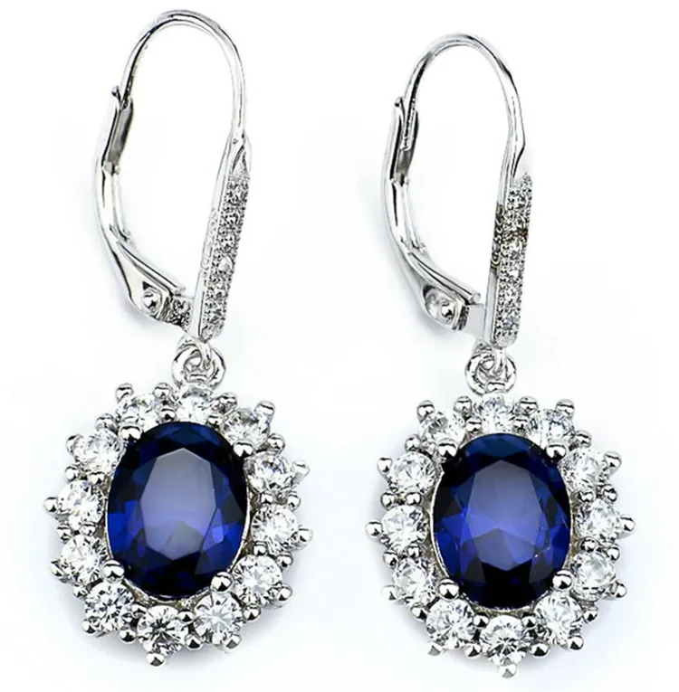 Sapphire Halo Leverback Earrings in 18K White Gold