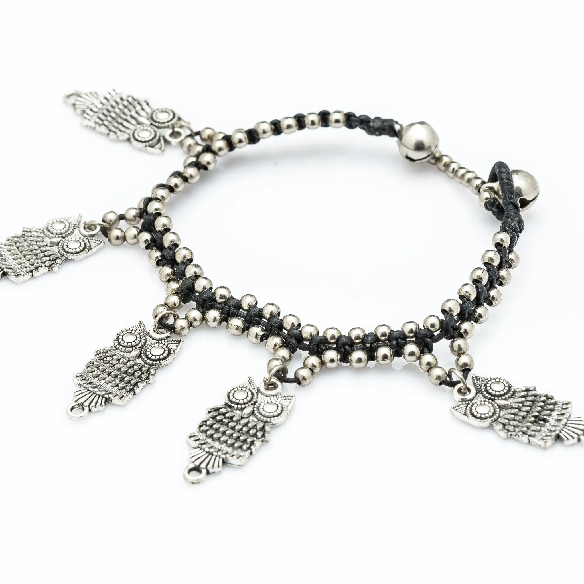 Silver Beads Bracelet with Dangling Owl Charms