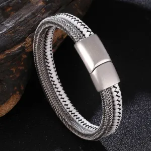 Silver Braided Bracelet-Steel n White Leather