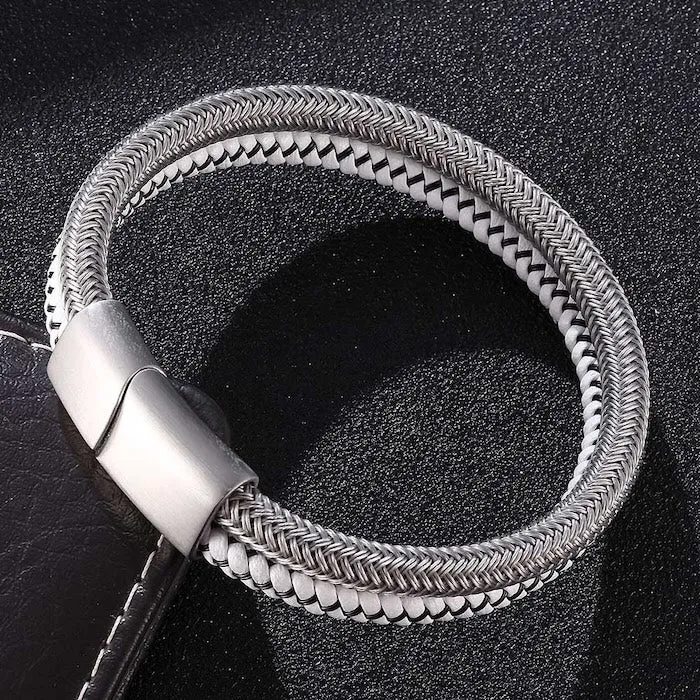 Silver Braided Bracelet-Steel n White Leather