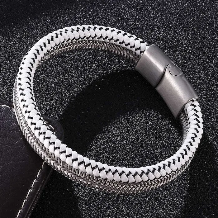 Silver Braided Bracelet-Steel n White Leather