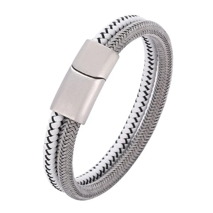 Silver Braided Bracelet-Steel n White Leather