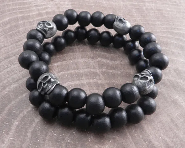 Skull and Wood Bead Bracelet 2 pack