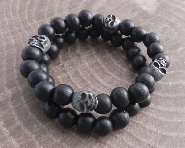 Skull and Wood Bead Bracelet 2 pack