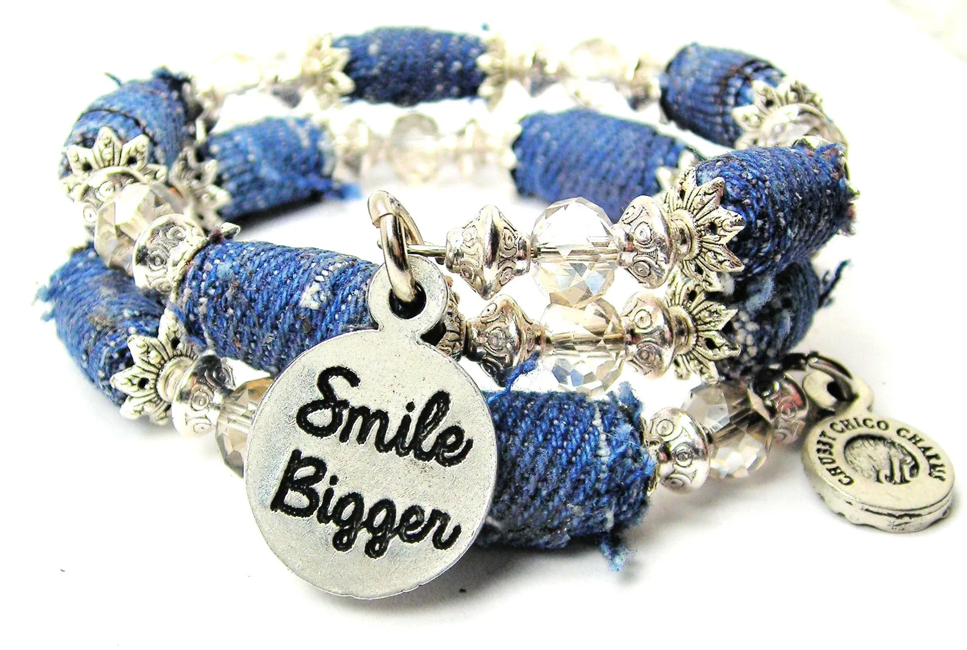 Smile Bigger Blue Jean Beaded Wrap Bracelet