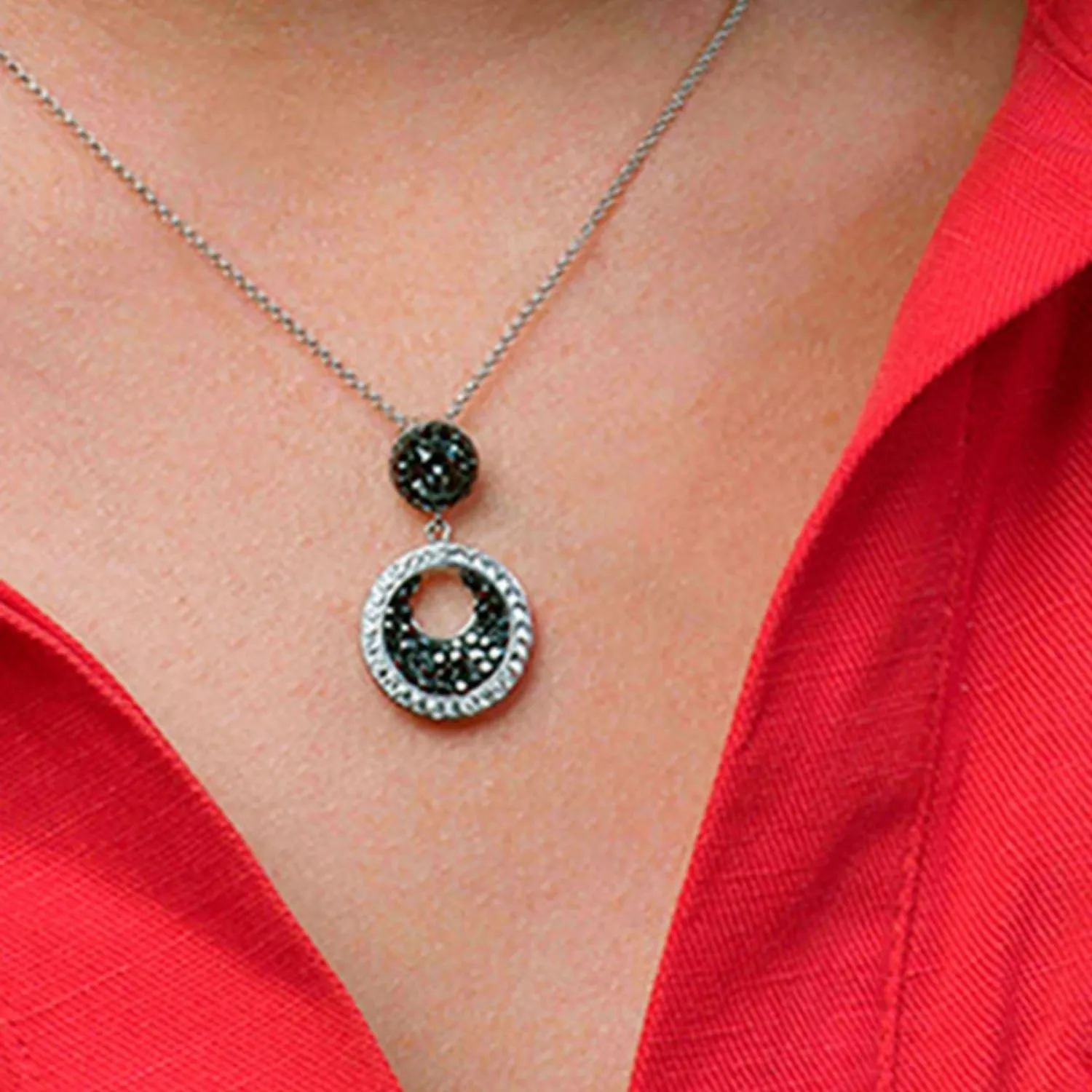 Sterling Silver Round Black & White Crystal Pendant