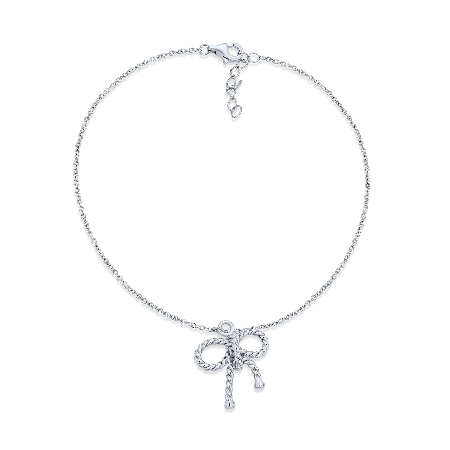 Twisted Rope Anklet Ankle Bracelet with Dangle Charm Bow Sterling Silver