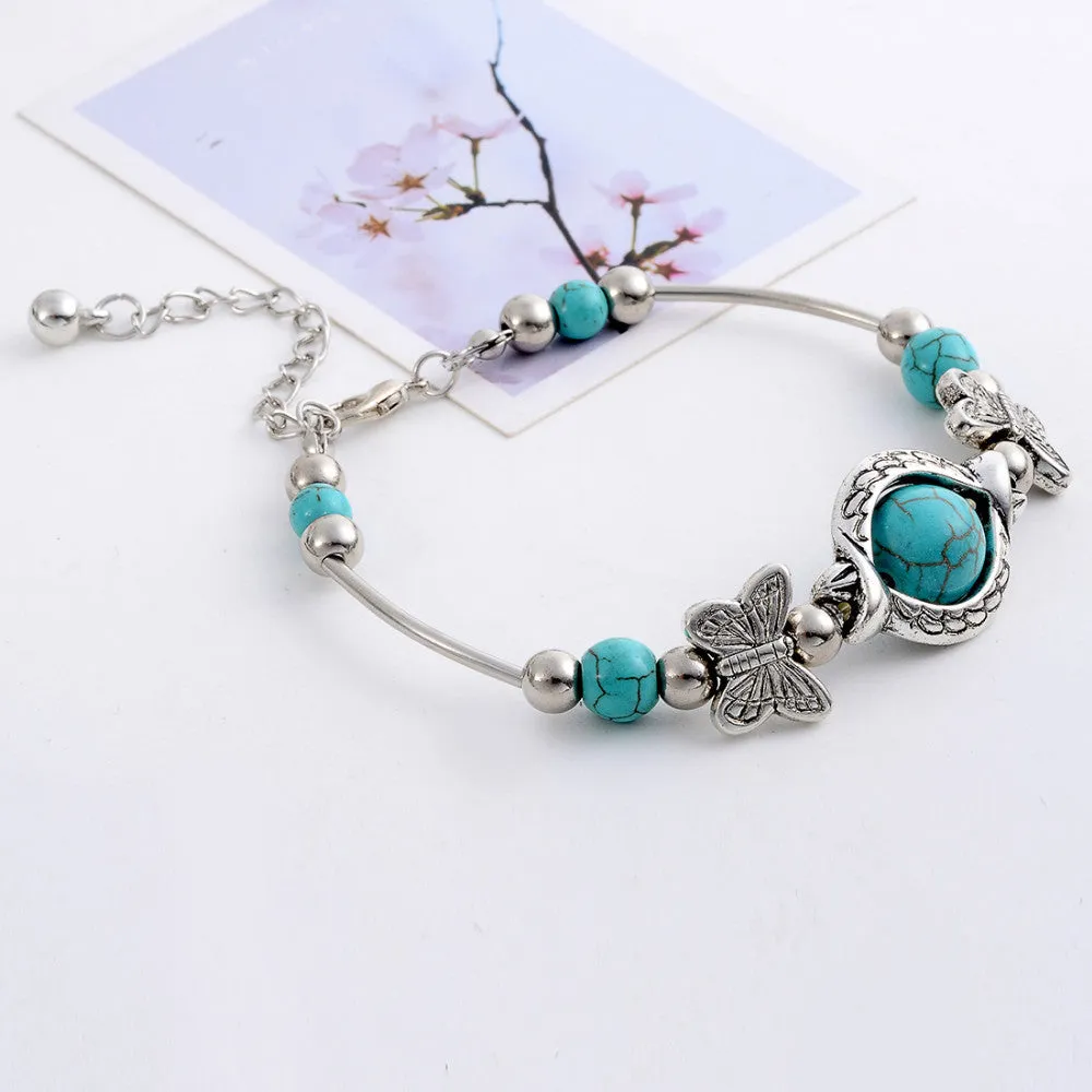 Vintage Charming Crystal Tibetan Silver Butterfly round blue turquoise beads bracelet jewelry for women