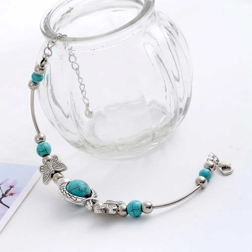 Vintage Charming Crystal Tibetan Silver Butterfly round blue turquoise beads bracelet jewelry for women