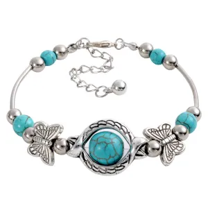 Vintage Charming Crystal Tibetan Silver Butterfly round blue turquoise beads bracelet jewelry for women