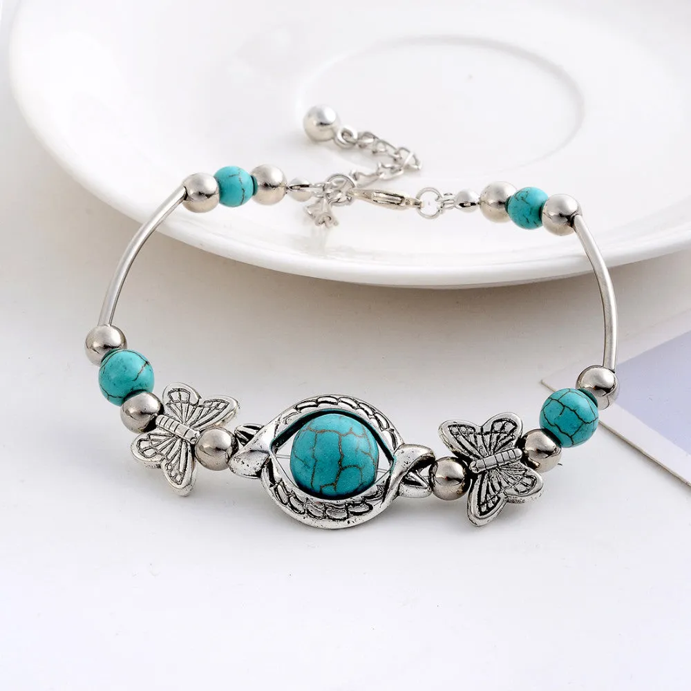 Vintage Charming Crystal Tibetan Silver Butterfly round blue turquoise beads bracelet jewelry for women