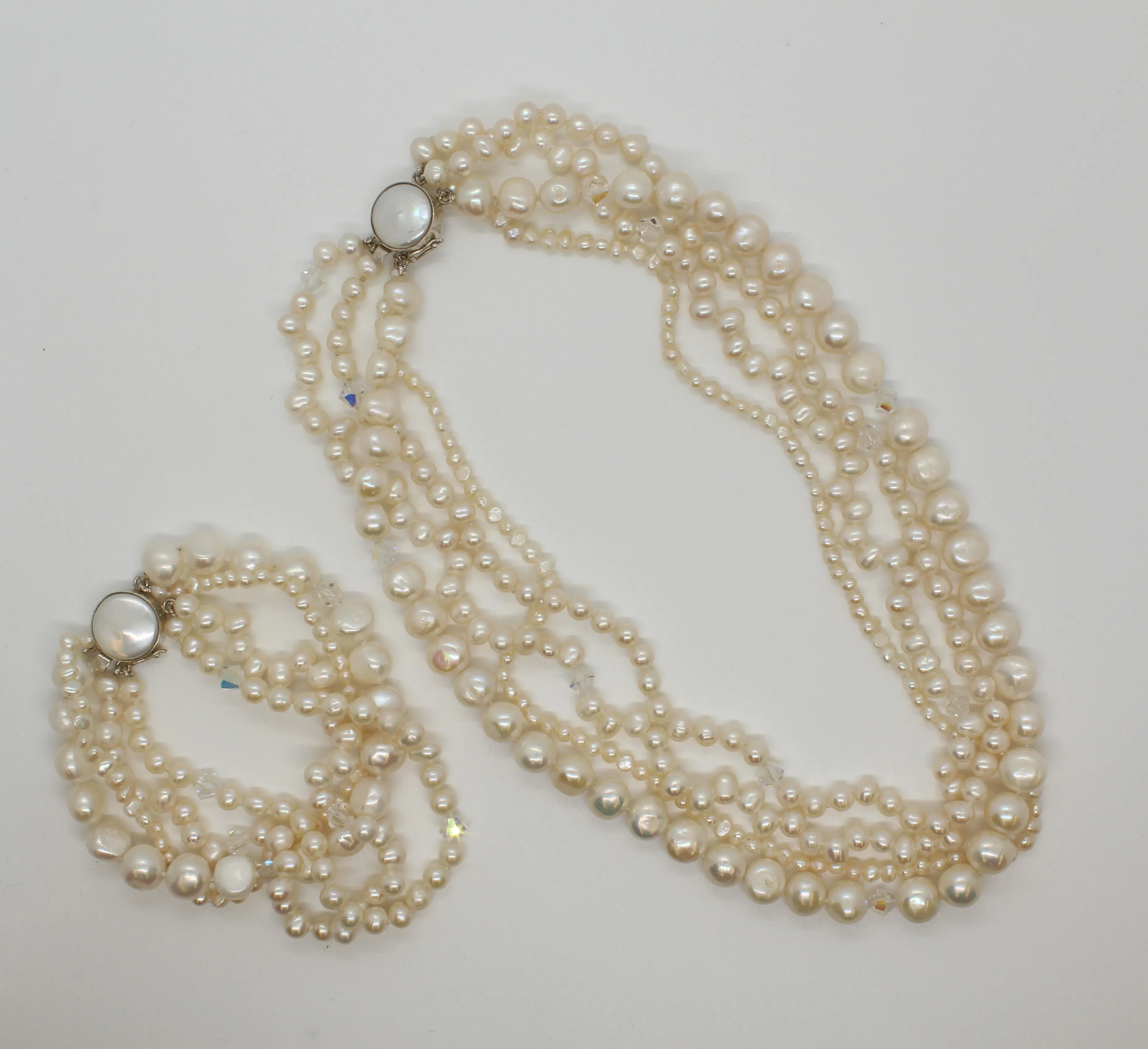 White 4 Strand White Pearl and Crystal Necklace and Bracelet