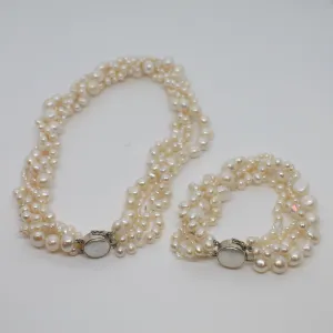 White 4 Strand White Pearl and Crystal Necklace and Bracelet