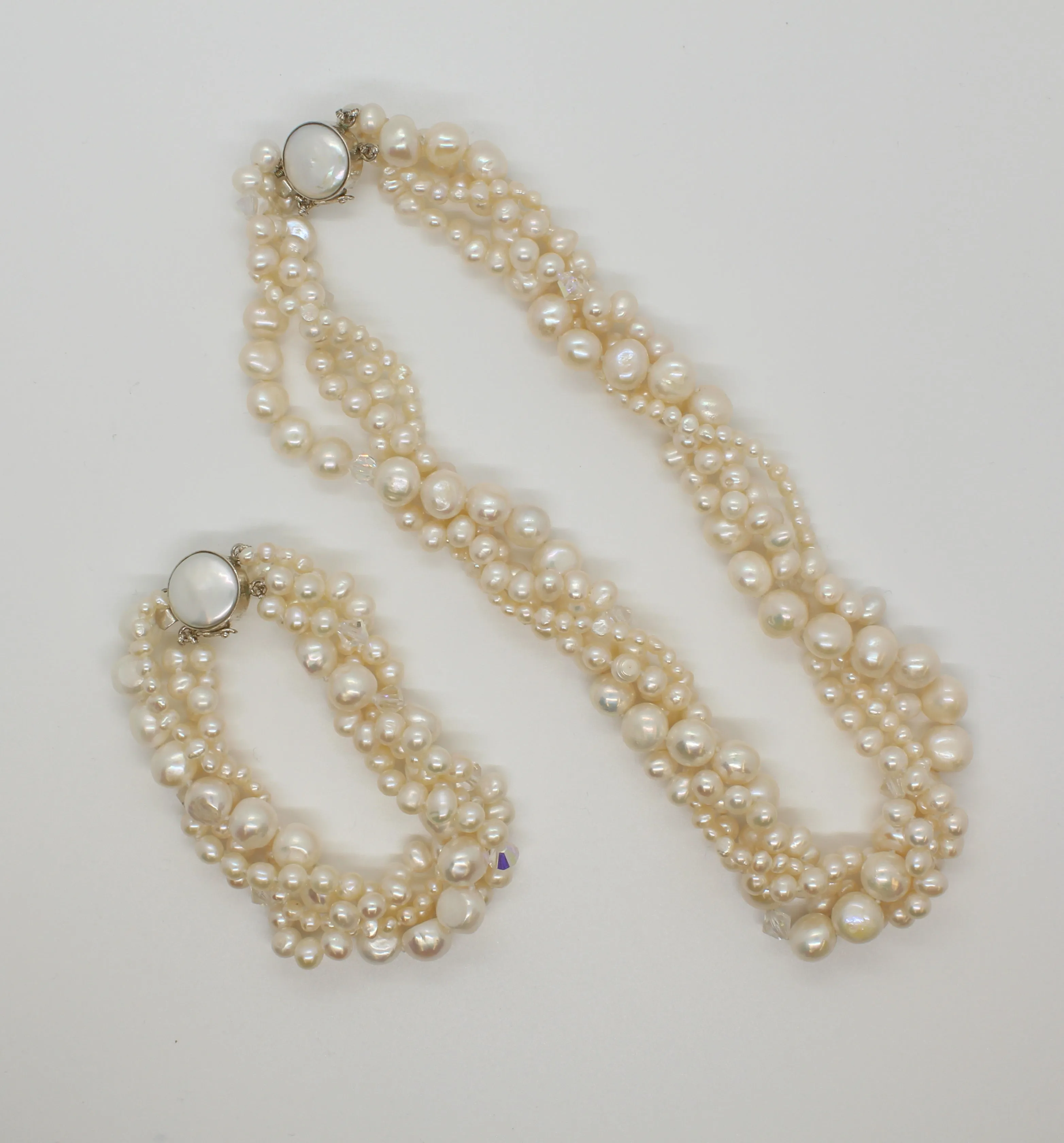 White 4 Strand White Pearl and Crystal Necklace and Bracelet