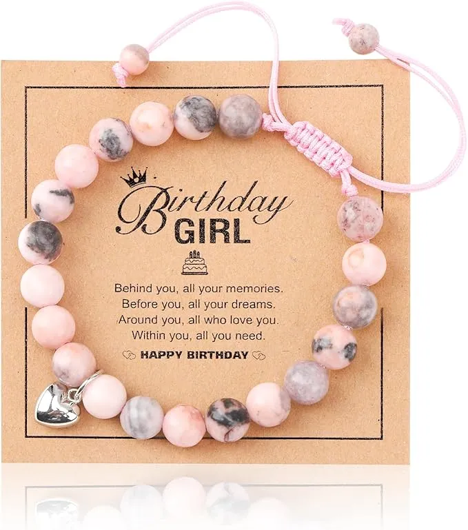 Xialvyu Girl Birthday Gifts, Bracelets for Teenage Girls, Pink Natural Stone Bracelet Gifts for Teenage Girls with Heart Charm for Girls